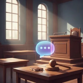 Une bulle de conversation numérique flottant dans une salle d'audience près d'un marteau de juge