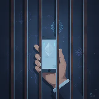 Main tenant un smartphone derrière des barreaux de prison, symboles de cryptomonnaie en arrière-plan