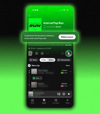 Capture de l'interface du mode Running de Spotify avec une playlist Interval Pop Run et les BPM affichés