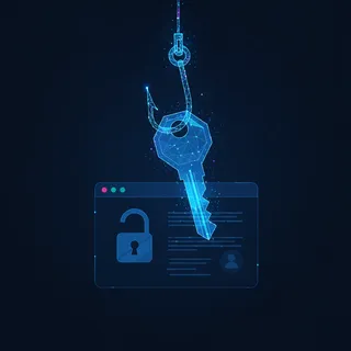 Illustration d'un hameçon numérique attrapant une clé d'accès au-dessus d'un écran de connexion avec un cadenas ouvert