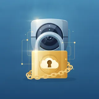 Caméra de surveillance connectée verrouillée par un cadenas doré illustrant une fonction bloquée derrière un abonnement cloud