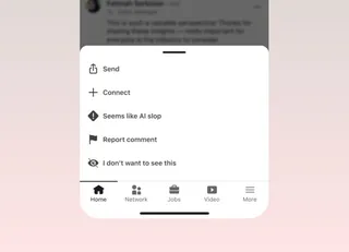 Menu d'options d'un post LinkedIn affichant la nouvelle option « Seems like AI slop » pour signaler un contenu généré par IA