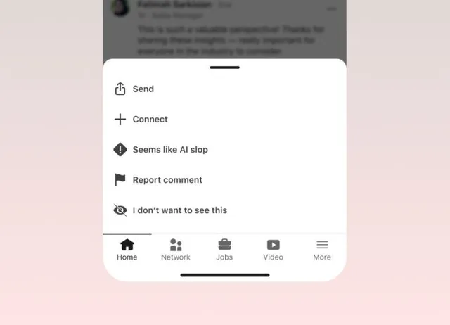 Menu d'options d'un post LinkedIn affichant la nouvelle option « Seems like AI slop » pour signaler un contenu généré par IA