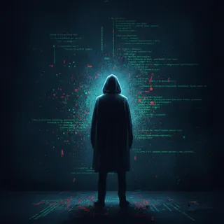 Silhouette anonyme encapuchonnée face à un mur de code informatique