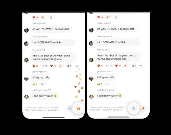 Capture d'un live chat Threads avec emojis qui flottent et bouton pour lever la main
