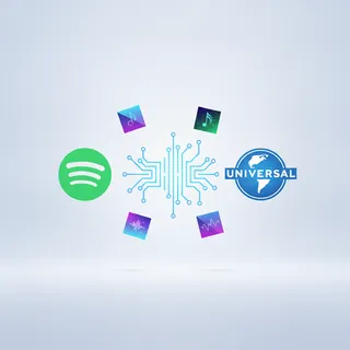 Logos Spotify et Universal Music, illustration sur la musique generee par IA