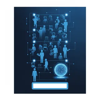 Illustration de robots IA mêlés à des internautes sur un fil de réseau social, avec un assistant IA au-dessus du champ de rédaction
