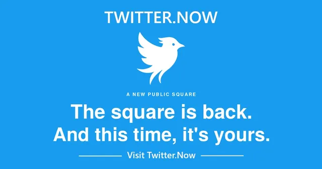 Visuel officiel de Twitter.now : l'oiseau bleu sur fond bleu avec le slogan The square is back