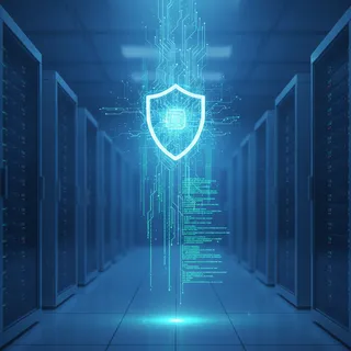 Baie de serveurs informatiques protegee par un bouclier numerique, symbolisant la securite du noyau Linux
