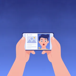 Illustration d'une personne tenant un smartphone affichant une réaction vidéo en écran partagé face à une publication d'un réseau social
