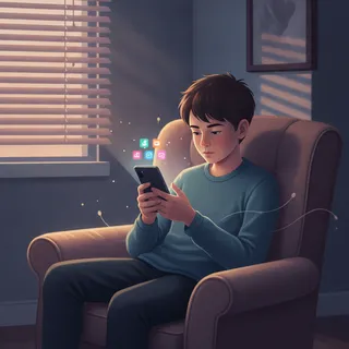 Un adolescent tient un smartphone dont l'écran affiche des icônes d'applications de réseaux sociaux floutées