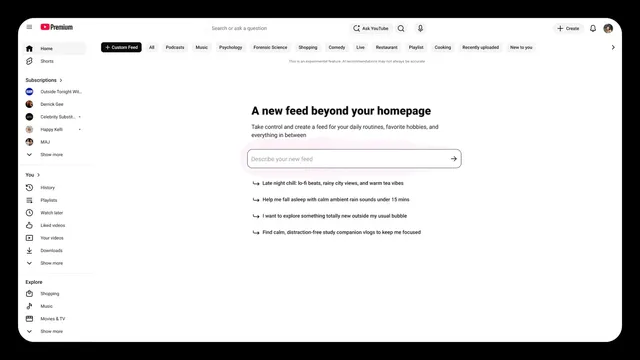 Interface Custom Feed de YouTube : un champ Describe your new feed sur la page d'accueil pour creer un fil video personnalise