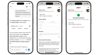 Trois écrans d'iPhone montrant ChatGPT recommandant un steakhouse puis la réservation d'une table via Yelp