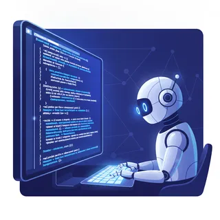 Un robot tape du code sur un ordinateur, illustration sur l'IA qui programme un logiciel toute seule