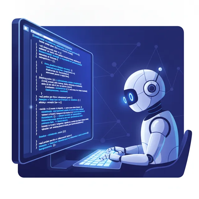 Un robot tape du code sur un ordinateur, illustration sur l'IA qui programme un logiciel toute seule