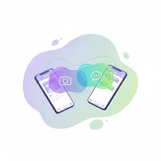 Deux smartphones partagent un contenu ephemere entre une application photo et une messagerie