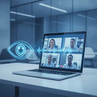 Visioconference sur un ordinateur portable avec une IA qui ecoute la reunion