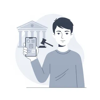 Adolescent tenant un smartphone avec des icônes d'applications sociales, devant un bâtiment institutionnel et un marteau de justice
