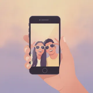 Une main tient un smartphone affichant un selfie retro aux couleurs chaudes, illustration de la tendance nostalgie 2016