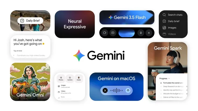 Visuel officiel de l'application Google Gemini montrant les tuiles Daily Brief, Gemini Omni et Gemini Spark