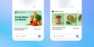 Maquette officielle d'OpenAI montrant une publicité etiquetee Ad affichee dans ChatGPT pendant la generation d'une image, avec la barre de progression a 62 %