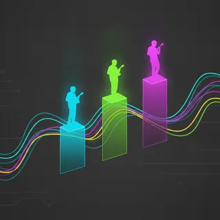 Podium stylisé d'artistes avec ondes sonores colorées, illustrant le classement streaming d'Apple Music