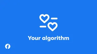 Visuel officiel Meta de la fonction Your Algorithm sur Facebook, deux cœurs et mentions interessé/pas interessé