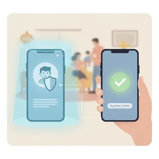 Un smartphone d'enfant protégé par un bouclier et un second téléphone parent qui valide une demande d'accès à distance