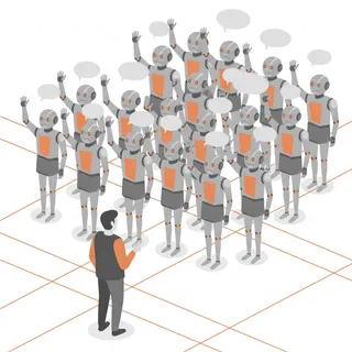 Silhouettes robotiques identiques recommandant la même chose dans une discussion en ligne, illustration du spam IA sur les forums
