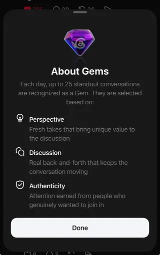 Carte 'About Gems' de Threads montrant le badge violet et les critères Perspective, Discussion et Authenticité