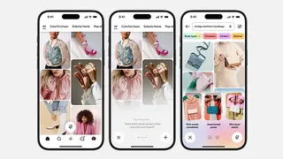 Captures d'écran de l'application Pinterest montrant l'assistant IA Pinterest Assistant et ses résultats de recherche visuels