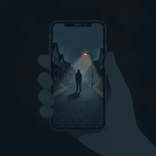 Un smartphone affiche une rue pavillonnaire la nuit avec une silhouette inquietante, evoquant les fausses videos generees par IA