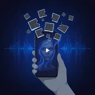 Plusieurs photos qui se recomposent en une vidéo animée sortant d'un smartphone, illustration de la génération de fausses vidéos par IA sur X