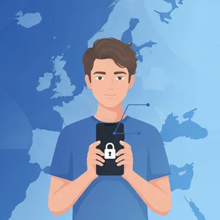 Un adolescent tenant un smartphone verrouillé devant une carte de l'Europe