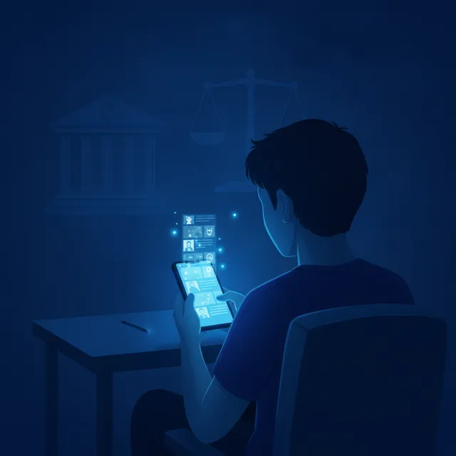 Un adolescent seul dans la pénombre face au flux infini de son smartphone, devant la silhouette d'un palais de justice