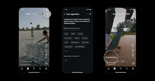Trois ecrans de smartphone montrant la fonction Your Algorithm d'Instagram avec des sujets a ajouter ou retirer
