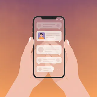 Un smartphone affichant un fil de commentaires d'application sociale avec une photo intégrée dans une bulle