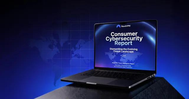 Visuel du Consumer Cybersecurity Report 2026 de NordVPN affiché sur un ordinateur portable