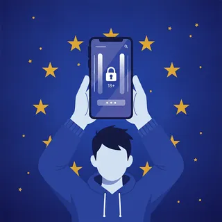 Un adolescent avec un smartphone affichant un contrôle d'âge, sur fond aux couleurs de l'Union européenne