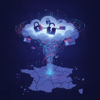Illustration d'une fuite massive d'identifiants francais aspires vers un cloud pirate au-dessus de la carte de France