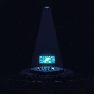 Salle sombre avec quelques rares spectateurs devant un écran vidéo, symbole d'une vidéo YouTube réservée à une minorité de fans