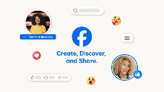Illustration officielle de Meta pour la refonte de Facebook, avec logo, bouton coeur et barre de recherche