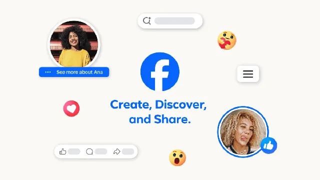 Illustration officielle de Meta pour la refonte de Facebook, avec logo, bouton coeur et barre de recherche