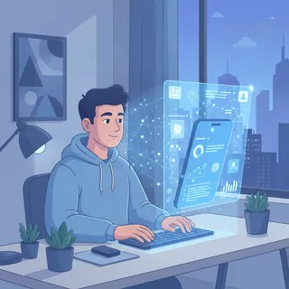 Un créateur de contenu à son bureau devant un smartphone, assisté par une interface d'intelligence artificielle affichant statistiques et suggestions