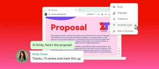Fenetre WhatsApp affichant un PDF de proposition commerciale avec le menu d'annotation Adobe Acrobat (Draw, Highlight, Underline, Strikethrough)