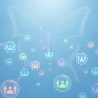 Illustration de petites bulles de communautés colorées connectées entre elles sur fond bleu avec un papillon stylisé, évoquant les communautés Bluesky