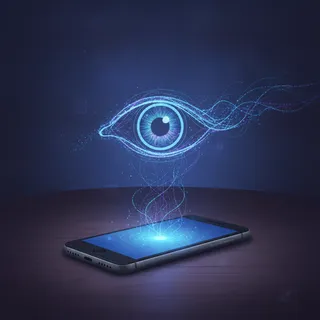 Illustration d'un smartphone dont s'echappent des donnees personnelles captees par un oeil, theme vie privee mobile