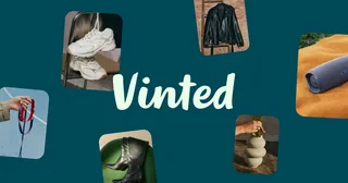 Mosaïque de vêtements et objets de seconde main autour du logo Vinted