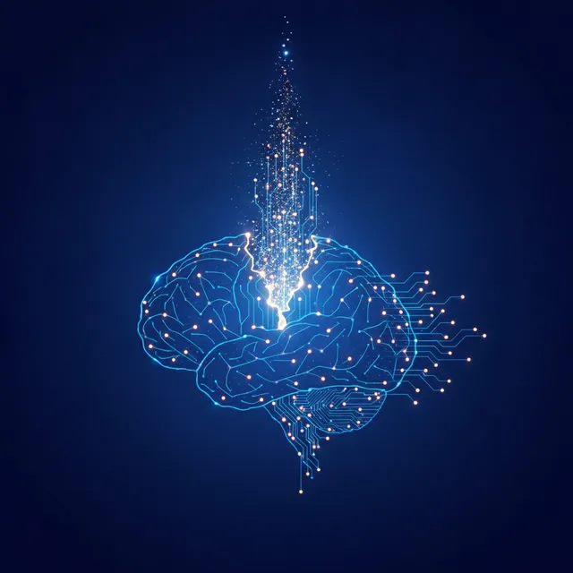 Cerveau stylisé en réseau de neurones lumineux, illustrant un modèle d'intelligence artificielle open source