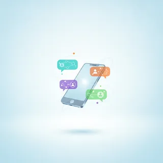 Bulles de discussion de groupe connectées autour d'un smartphone, illustrant les communautés en ligne de Bluesky